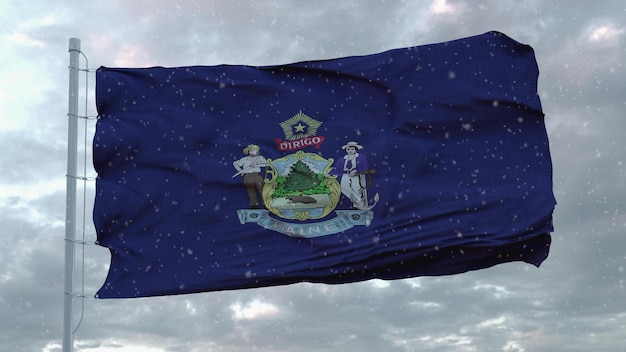 Bandeira de inverno do maine com fundo de flocos de neve ilustração 3d dos estados unidos da américa