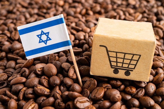 Bandeira de Israel com carrinho de compras no grão de café Importação comércio de exportação comércio on-line