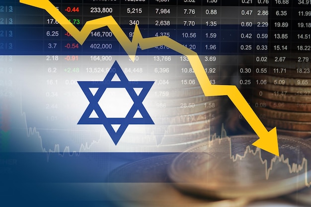 Bandeira de Israel com tecnologia digital do gráfico de tendências da economia financeira do mercado de ações
