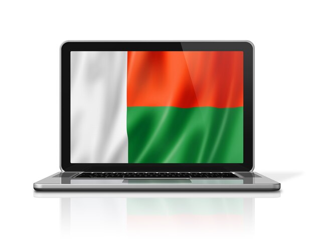 Bandeira de Madagascar na tela do laptop isolada no branco. Ilustração 3D render.