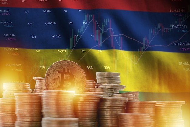 Bandeira de Maurício e grande quantidade de moedas de bitcoin douradas e gráfico de plataforma de negociação Moeda criptográfica