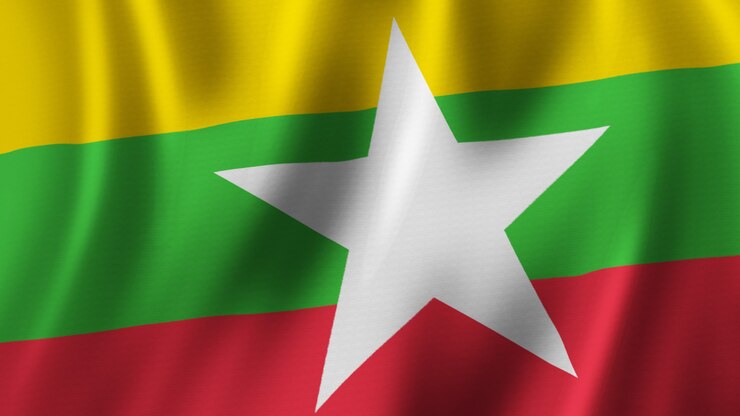 Foto bandeira de mianmar acenando em close-up renderização em 3d com imagem de alta qualidade com textura de tecido