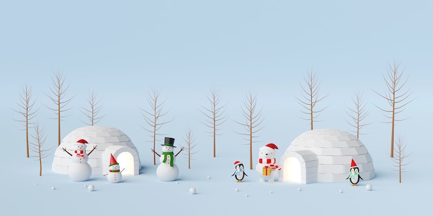 Bandeira de Natal do boneco de neve e amigo com iglu