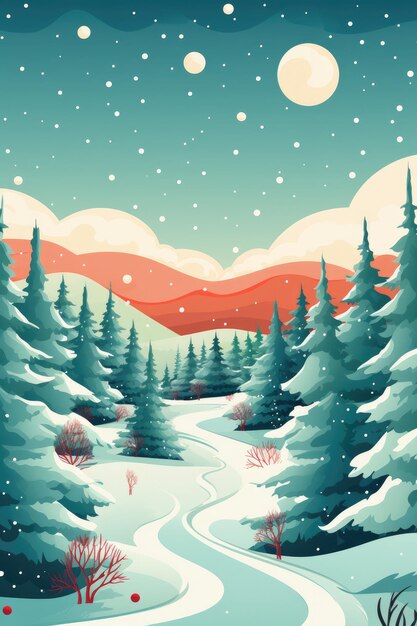 Bandeira de Natal Ilustração pastel Paisagem da estação de inverno com árvore de Natal e neve Generative ai