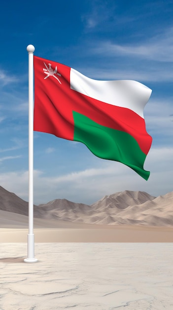 Bandeira de Omã com poste branco agitando alto no vento e no céu aberto