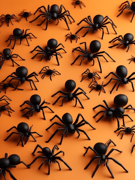 Foto bandeira de padrão plano de aranhas de terror pretas de diferentes tamanhos direcionadas em diferentes direções