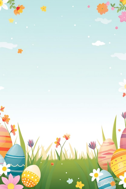Bandeira de Páscoa de estilo desenho animado plana com ovos coloridos, grama e flores com espaço de cópia vazio