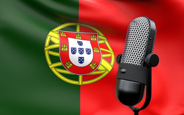 Foto bandeira de portugal com imagem de renderização 3d de microfone