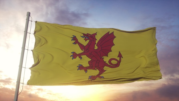 Bandeira de Somerset, Inglaterra, balançando ao vento, o céu e o sol de fundo. Renderização 3d