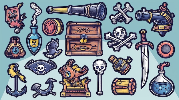 Foto bandeira de tesouro de canhão pirata com jolly roger e garrafa de rum pipo de fumo com crânio capitão39s arma de chapéu e âncora com desenho animado de papagaio patches modernos
