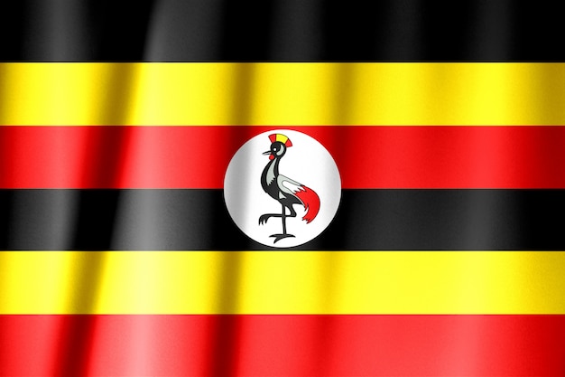 Bandeira de Uganda em uma cortina de seda acenando