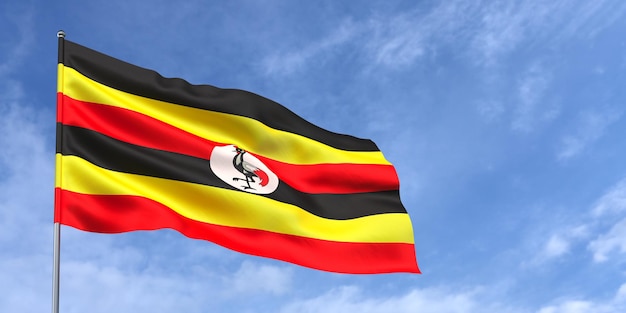 Bandeira de Uganda no mastro da bandeira no fundo do céu azul Bandeira de Uganda tremulando ao vento contra um céu com nuvens brancas Lugar para ilustração 3d de texto