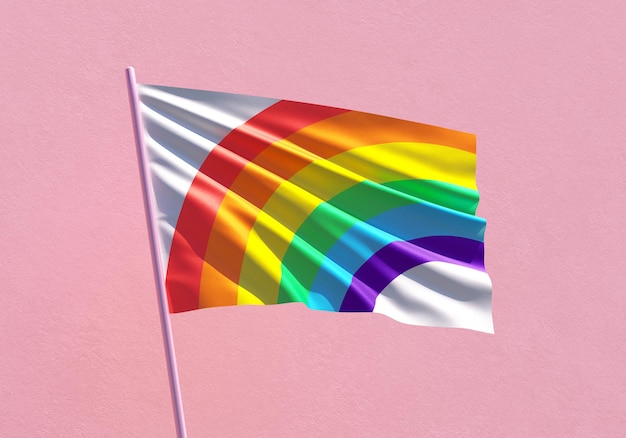 Bandeira do arco-íris do orgulho acenando em um fundo de parede rosa para o mês do orgulho lgbtqia, sexualidade, liberdade, amor, celebração da diversidade e a luta pelos direitos humanos em ilustração 3d