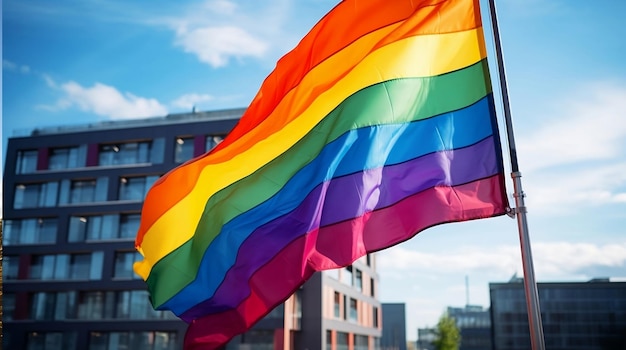 Bandeira do arco-íris na rua acenando com luz solar conceito LGBT