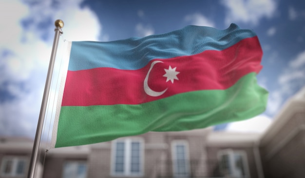 Bandeira do Azerbaijão 3D Rendering no fundo do edifício do céu azul