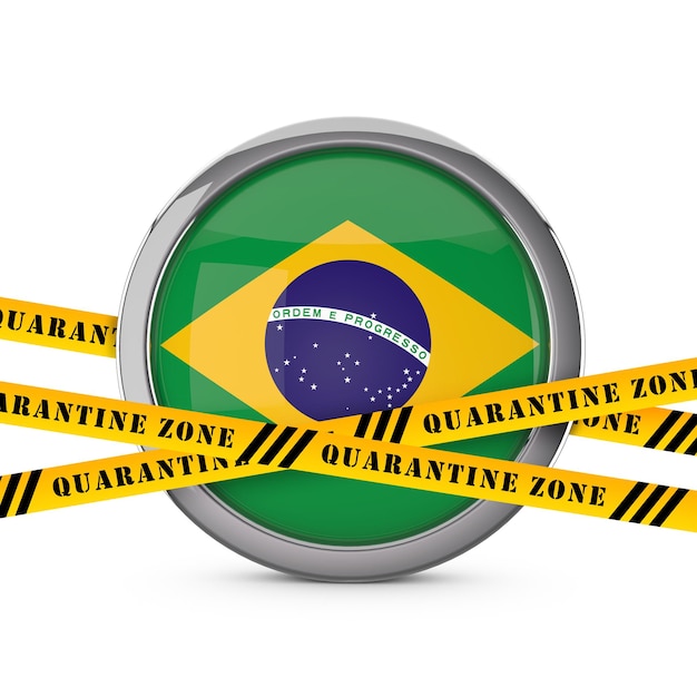 Bandeira do brasil com fita de segurança de aviso de quarentena amarela d render