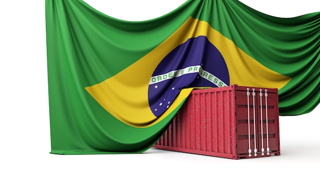 Bandeira do brasil drapejada sobre uma renderização de contêiner de comércio comercial d