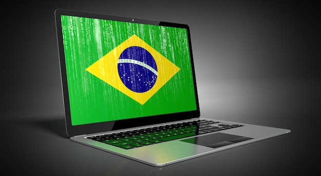 Foto bandeira do brasil e código binário na ilustração 3d da tela do laptop