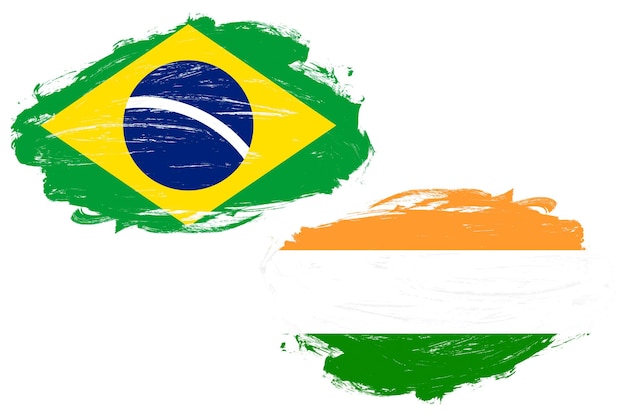 Bandeira do Brasil e da Índia juntos em um fundo de pincel de traço branco