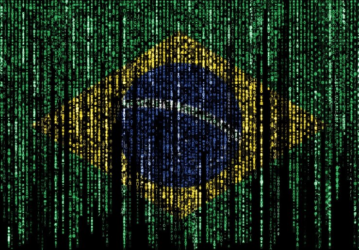 Foto bandeira do brasil em códigos binários de computador caindo do topo e desaparecendo