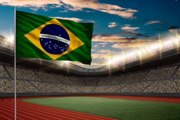 Foto bandeira do brasil em frente a estádio de atletismo com torcida.
