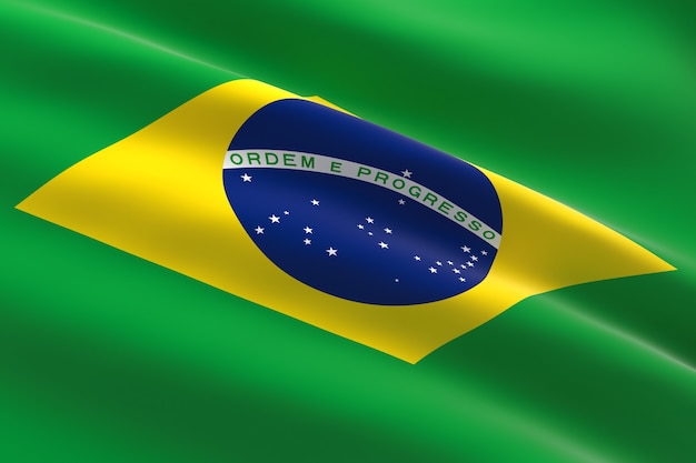 Bandeira do Brasil. Ilustração 3D da bandeira brasileira acenando