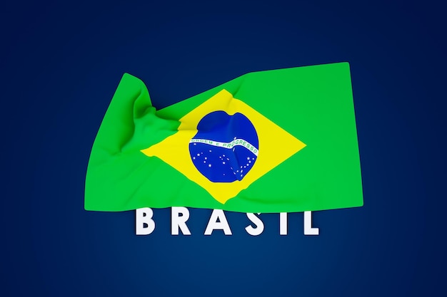 Foto bandeira do brasil textura muito detalhada em cima do texto do brasil no chão azul escuro, renderização em 3d