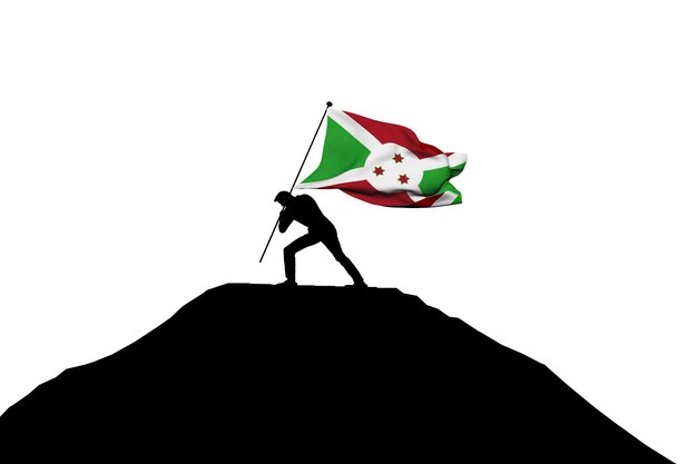 Bandeira do Burundi sendo empurrada para o topo da montanha por uma silhueta masculina 3D Rendering