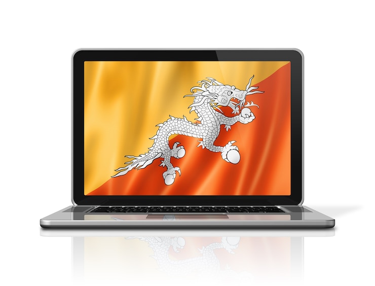 Foto bandeira do butão na tela do laptop isolada no branco. ilustração 3d render.