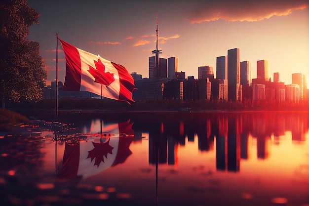 Bandeira do Canadá no arranha-céu construindo fundo bela cidade pôr do sol Generative AI