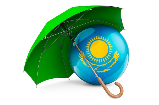 Bandeira do Cazaquistão sob o guarda-chuva Proteção e segurança do conceito de renderização em 3D do Cazaquistão