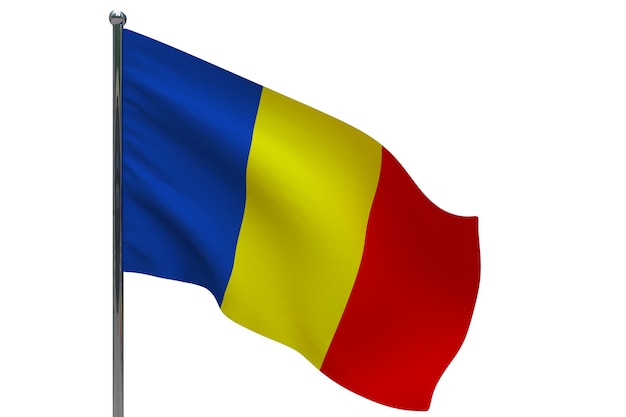 Bandeira do Chade na pole. Mastro de metal. Ilustração 3D da bandeira nacional do Chade em branco