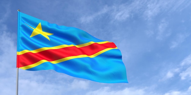 Bandeira do Congo no mastro da bandeira no fundo do céu azul Bandeira balançando ao vento em um fundo de céu com nuvens Lugar para ilustração 3d de texto