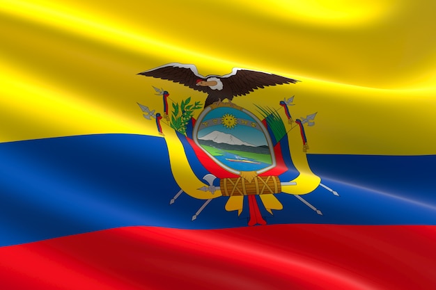 Bandeira do Equador. Ilustração 3D da bandeira equatoriana acenando.