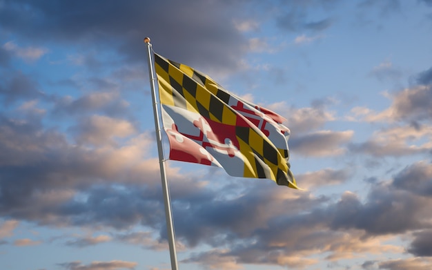 Bandeira do estado americano de Maryland no fundo do céu. Arte 3D