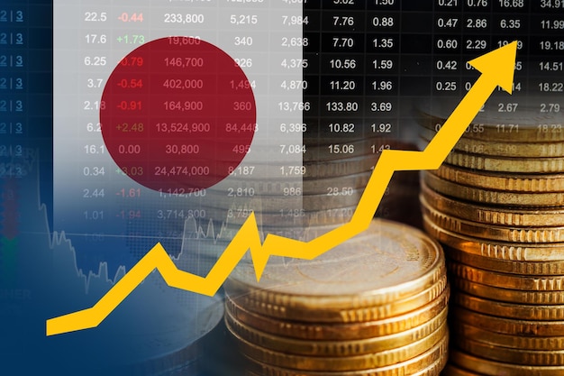 Bandeira do Japão com tecnologia digital do gráfico de tendências da economia do mercado de ações