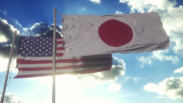 Bandeira do japão e dos eua no mastro da bandeira japão e estados unidos acenando bandeira no vento ilustração 3d do conceito diplomático do japão e dos estados unidos