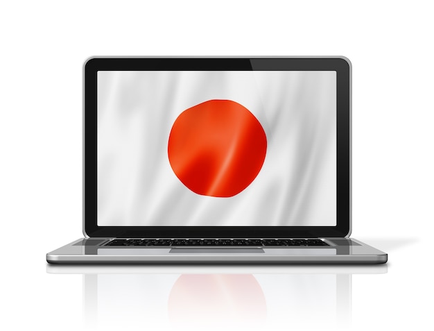 Foto bandeira do japão na tela do laptop isolada no branco. ilustração 3d render.