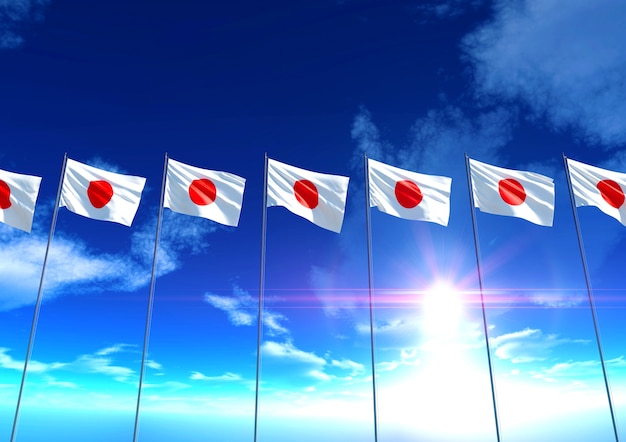 Bandeira do Japão sob o céu azul, renderização em 3d