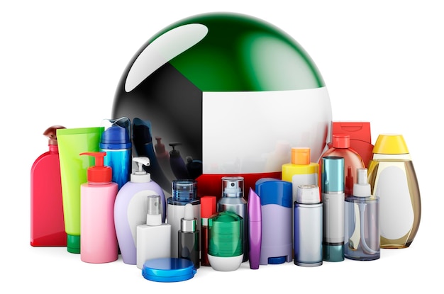 Bandeira do Kuwait com garrafas de cosméticos, produtos para o cuidado do cabelo, da pele facial e do corpo em 3D