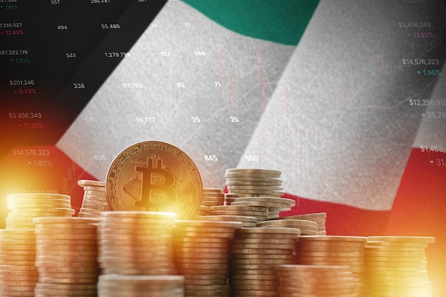 Bandeira do Kuwait e grande quantidade de moedas douradas de bitcoin e gráfico de plataforma de negociação Moeda criptográfica