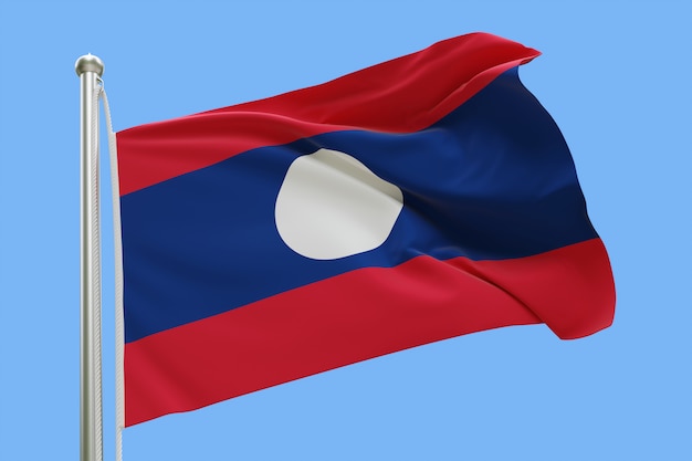 Bandeira do laos no mastro da bandeira balançando ao vento isolado em fundo azul