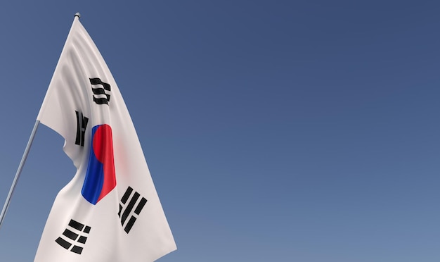 Bandeira do mastro de bandeira da Coreia do Sul em fundo azul Lugar para texto A bandeira está se desenrolando no vento Ilustração 3D coreana Seul Ásia