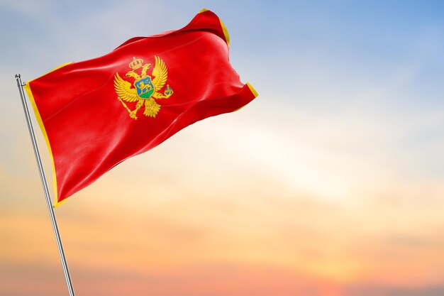 Bandeira do Montenegro em renderização 3D realista de alta qualidade com espaço lateral para texto e título da bandeira