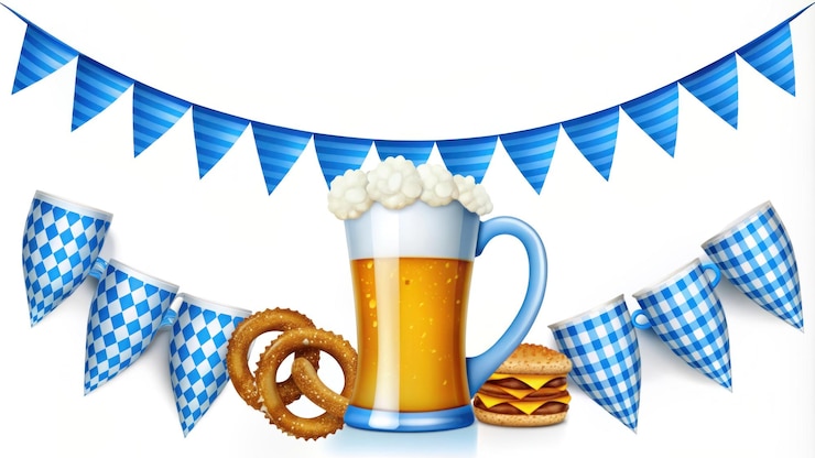 Foto bandeira do oktoberfest com elementos festivos, como copos de cerveja, pretzels, salsichas e bandeiras azuis e brancas, perfeitas para anúncios