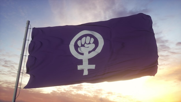 Foto bandeira do orgulho feminista balançando ao vento, o céu e o sol de fundo. renderização 3d.