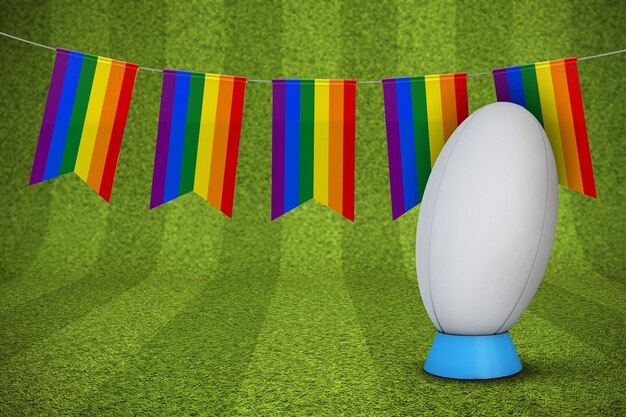 Bandeira do orgulho gay com uma bola de rugby e renderização em 3D