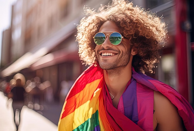 Foto bandeira do orgulho gay de um jovem a caminhar pelo centro da cidade ao estilo do happycore