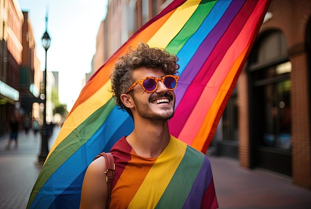 Foto bandeira do orgulho gay de um jovem a caminhar pelo centro da cidade ao estilo do happycore