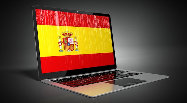 Bandeira do país da Espanha e código binário na ilustração 3D da tela do laptop